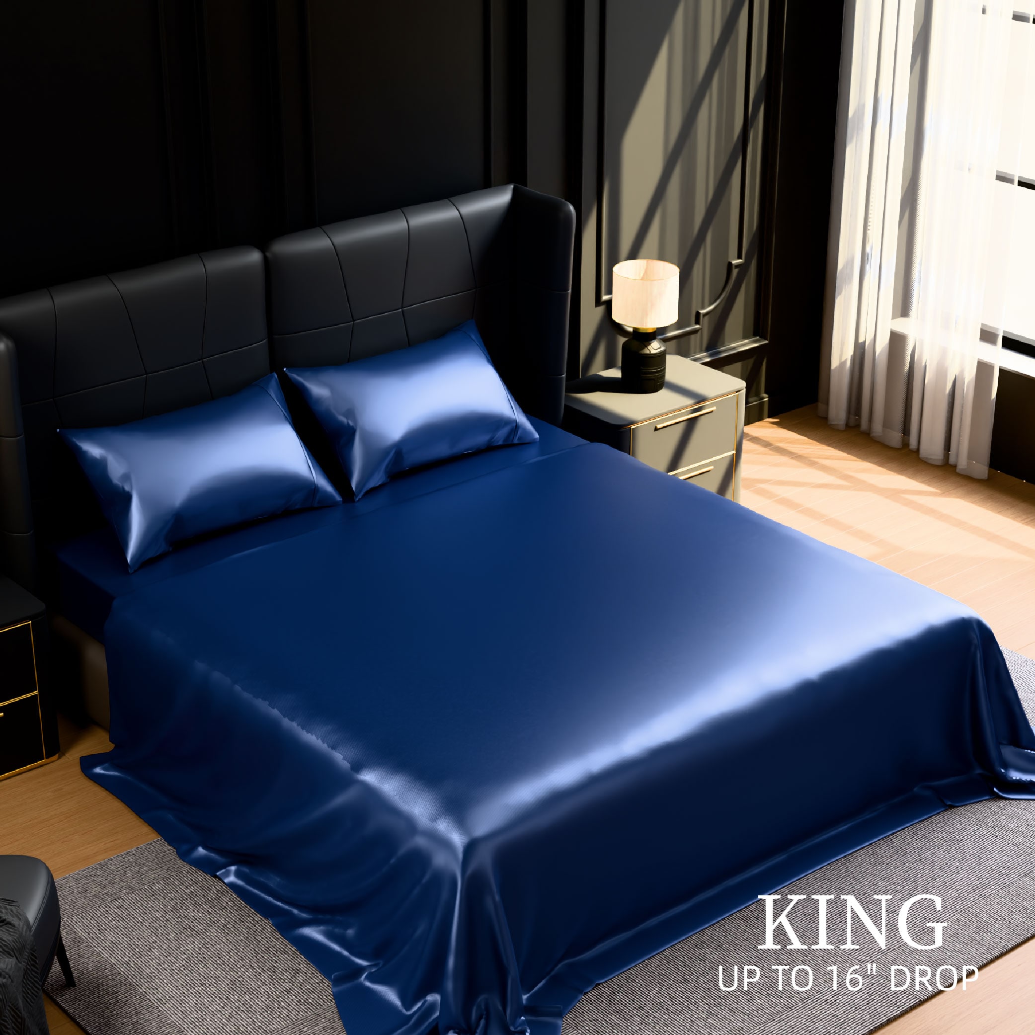 Satin Bed Sheets, King Size Sheets Set, 4 Pcs Silky Bedding Set With 15 Inches Deep Pocket For Mattress (King, Navy Blue)_voghion.com